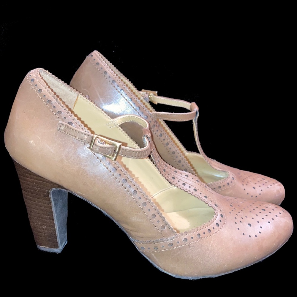 Franco Sarto Vintage Style T-Strap Leather Heels